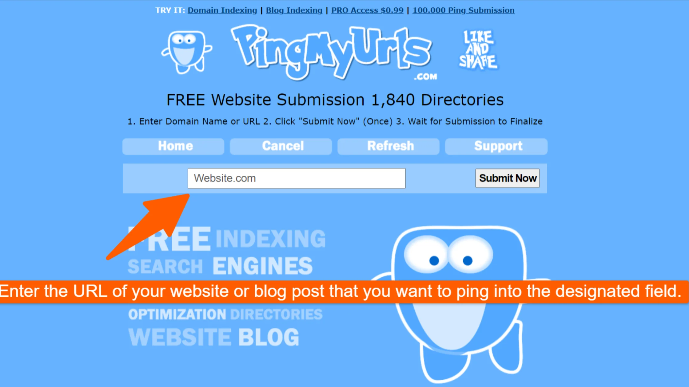 Step 2: Enter the URL of your website or blog post that you want to ping into the designated field.